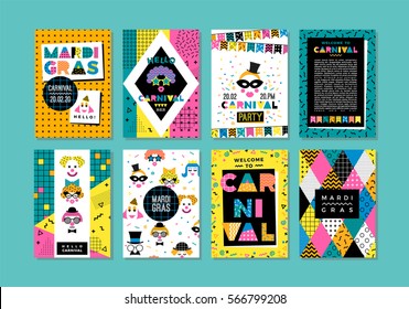 Carnival templates in Memphis style. Vector backgrounds with geometric ornaments in the style of 80-90. For carnival concept and other users.