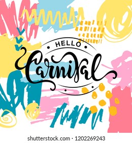 Carnival text as logotype, badge, patch, icon isolated on background.  Carnival handwritten lettering for web, postcard, card, invitation, flyer, banner template.