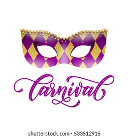 Carnival text. Mask of golden glitter with harlequin pattern and gold beads. Mardi Gras masquerade lettering for Venetian festival, Fat Tuesday celebration in New Orleans, Australian Mardi Gras parade