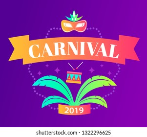 Carnival Text or Title with Party Elements: masks; feathers; drum. Vector illustration