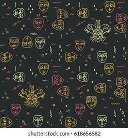 Carnival, theater masks seamless pattern on dark background. Vector illustration with comedy and tragedy line mask icons.