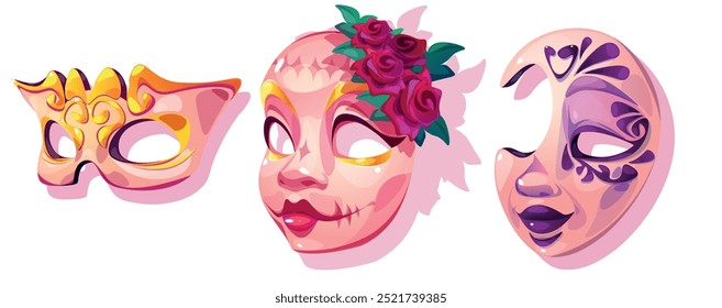 Máscara de rosto de carnaval e teatro decorada com flores de rosa vermelha, ornamento dourado e roxo. Vetor de desenhos animados ilustração conjunto de glamour Veneza ou Mardi Gras mascarada e festival traje elemento.