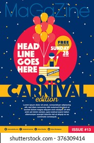 Carnival theme magazine template design invitation/ Amusement park elements info graphic poster design/ Fun fair icons/ Balloons and vendor icons Celebration and party theme card design