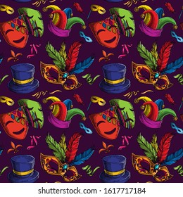 Carnival Theme Pattern, Mardi Gras, Hand Drawn Illustration, Isolated Vector