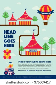 Carnival theme template design invitation/ Amusement park elements info graphic poster design/ Fun fair icons/ Popcorn cart and carnival tent/ Celebration and party theme card design