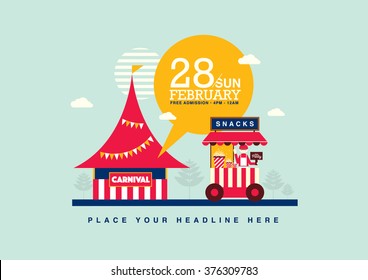 Carnival theme template design invitation/ Amusement park elements poster design/ Fun fair icons/ Popcorn cart and carnival tent/ Celebration and party theme card design