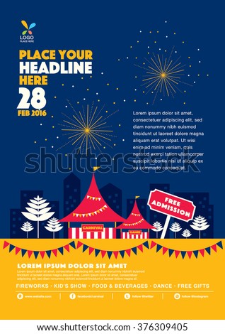 Carnival theme template design invitation/ Amusement park elements info graphic poster design/ Fun fair icons/ Popcorn cart and carnival tent/ Celebration and party theme card design