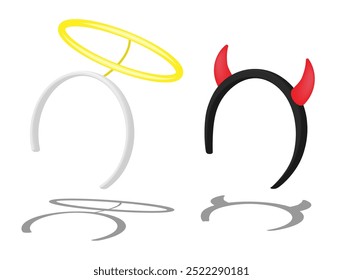 Diadema de Halloween tridimensional del carnaval con los cuernos y el halo del ángel, decoración de la cabeza para la mascarada. Vector realista 3d aislado en el fondo blanco