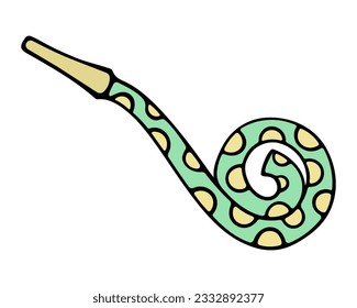 Carnival tongue for a party. Green plastic pipe with a long paper tongue. With a pattern of yellow circles. Color vector illustration. Tongue tongue. Cartoon style. Isolated background. 