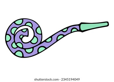 Carnival tongue for a party. Purple plastic pipe with a long paper tongue. With a pattern of green circles. Color vector illustration. Tongue tongue. Cartoon style. Isolated background. 