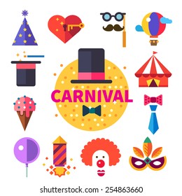 Carnival tricks, sweets and smiles. Hat, ice cream, tent, balloon, clown, mask, tie, party poppers. Vector flat icon set, badge and illustrations