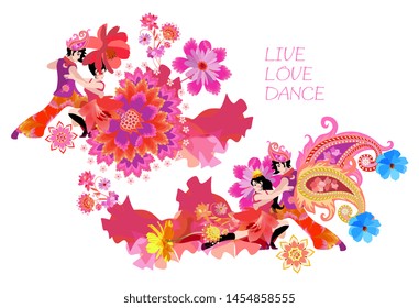 Carnival. Two dancing couple decorated flowers and paisley, isolated on white background. Beautiful concert poster. International Dance Day. Text" Live, Love, Dance". Synthesis of West and East.