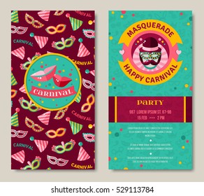 Carnival two sides poster, flyer or invitation. Vector illustration. Funfair funny tickets design with pattern. Detective Hat, Masquerade Masks, Smiling lips. Photo booth elements.