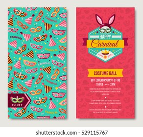 Carnival two sides poster, flyer or invitation. Vector illustration. Funfair funny tickets design with pattern. Rabbit Ears, Masquerade Masks, Photo booth elements.