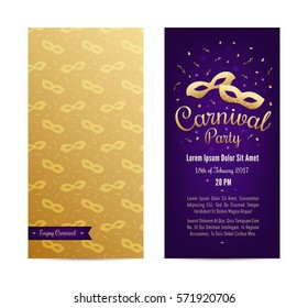 Carnival two sides poster, flyer, invitation design. Masquerade tickets with golden mask seamless pattern, lettering and emblem. Carnival masks with serpentine, confetti. Place for text. Vector.