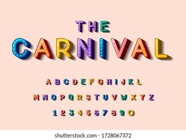 Carnival typography design. Vector illustration with retro light bulbs font, 