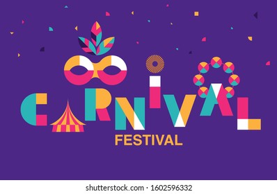 Carnival Typography, Popular Event in Brazil. Festival, Colorful Party Elements ,Carnaval, Travel destination. Brazilian , Geometry Graphic Design, vector illustration