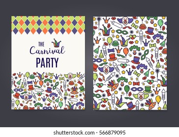 Carnival vector background with line icons and objects. Flyer, poster or greetings card design. Seamless pattern under mask.
