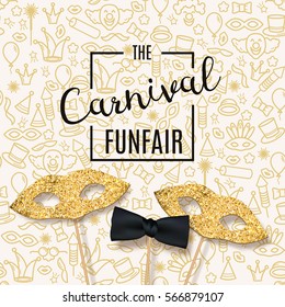 Carnival vector background with line icons and realistic golden glitter mask