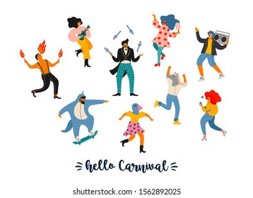 Carnival. Vector illustration of funny dancing men and women in bright modern costumes. Design element for carnival concept and other use.