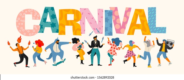 Carnival. Vector illustration of funny dancing men and women in bright modern costumes. Design element for carnival concept and other use.