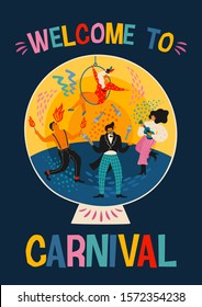 Carnival. Vector illustration with funny men and women in bright modern costumes. Design element for carnival concept and other use.