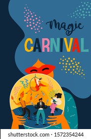 Carnival. Vector illustration with funny men and women in bright modern costumes. Design element for carnival concept and other use.