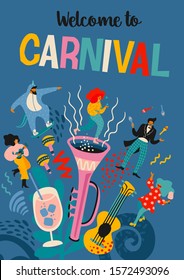 Carnival. Vector illustration with funny men and women in bright modern costumes. Design element for carnival concept and other use.