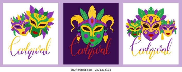 Carnival. Vector poster set with lettering with flat masquerade masks. Collection festive banner with calligraphy quote. Vertical element for greeting cards and your creativity.