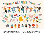 Carnival. Vector set. People in carnival costumes, faces, masks, symbols, abstract forms. Design element for carnival concept and other use.