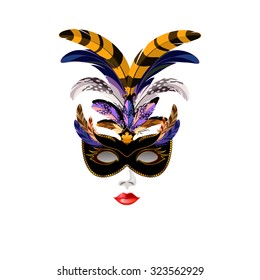 Carnival Venetian black mask decorated with blue, yellow and grey feathers. The mask decorated with gold pattern.