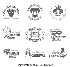 Carnival venetian and brazilian traditional masks and costumes label black set isolated vector illustration