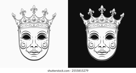 Carnival venetian face mask with crown with gemstones, fleur de lis sign on points. Detailed black and white illustration in vintage style. Front view.