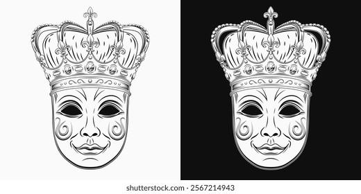 Carnival venetian face mask with imperial crown with gemstones, pearls, fleur de lis sign on points. Detailed illustration in vintage style. Front view.