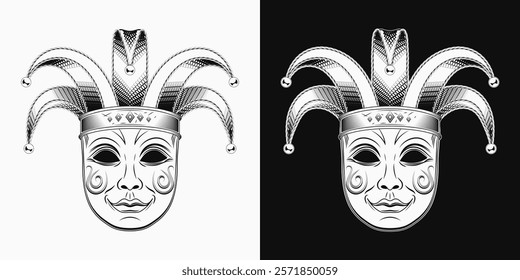 Carnival venetian face mask with jester tomfool hat. Mardi gras themed detailed black and white illustration in vintage style. Front view.