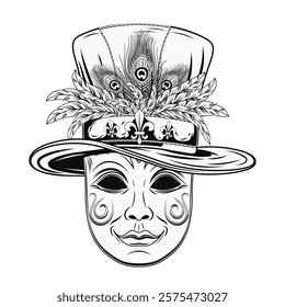 Carnival venetian face mask with Mardi Gras tall top hat with belt, band with fleur de lis pins, bunch of feathers. Festival masquerade accessories. Detailed monochrome illustration in vintage style