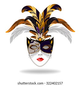 Carnival Venetian mask decorated with yellow and black feathers. At the bottom of the mask decorated with threads of  beads.