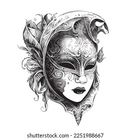 Carnival venetian mask hand drawn engraving style sketch Vector illustration