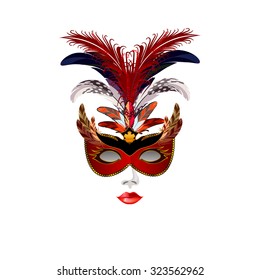 Carnival Venetian red mask decorated with red, blue and orange feathers. The mask with gold pattern.