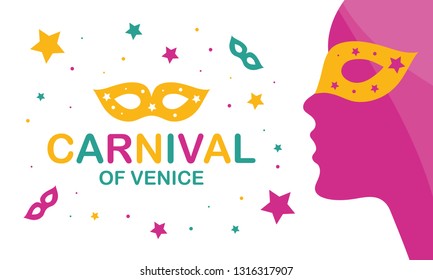 The Carnival of Venice. Annual festival celebrated in Venice, Italy. An important part of the Venetian carnival is the mask and masquerade. Holiday party. Vector poster, card, banner and background