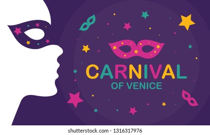 The Carnival of Venice. Annual festival celebrated in Venice, Italy. An important part of the Venetian carnival is the mask and masquerade. Holiday party. Vector poster, card, banner and background