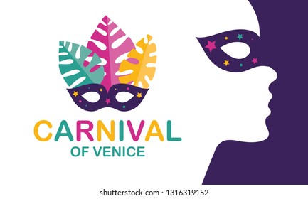 The Carnival of Venice. Annual festival celebrated in Venice, Italy. An important part of the Venetian carnival is the mask and masquerade. Holiday party. Vector poster, card, banner and background