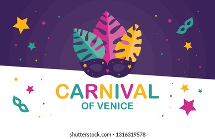The Carnival of Venice. Annual festival celebrated in Venice, Italy. An important part of the Venetian carnival is the mask and masquerade. Holiday party. Vector poster, card, banner and background