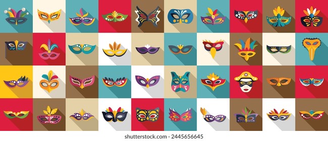 Carnival of Venice icons set flat vector. Costume mask. Hero italy fashion