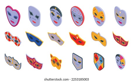 Carnival of Venice icons set isometric vector. Italy hero. Mask costume