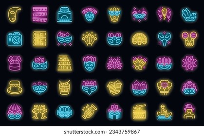 Carnival of Venice icons set outline vector. Mask costume. Hero man neon color on black