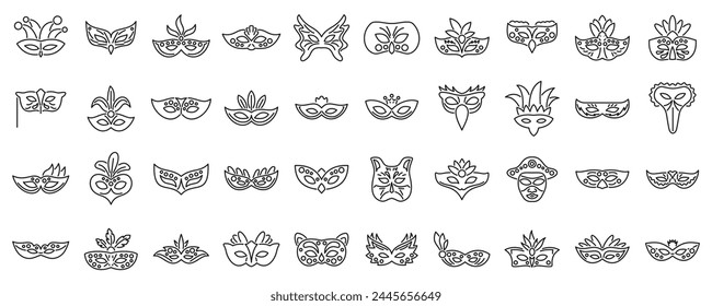 Carnival of Venice icons set outline vector. Costume mask. Hero italy fashion