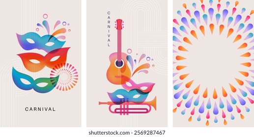 Carnival vertical banners with guitar, masks and fireworks. Colorful vector templates for social media stories.