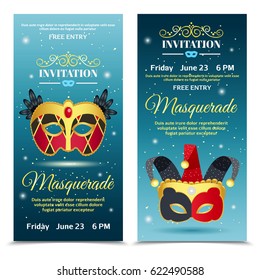 Carnival vertical banners representing  invitation tickets with date of event decorated by clowns mask flat vector illustration 