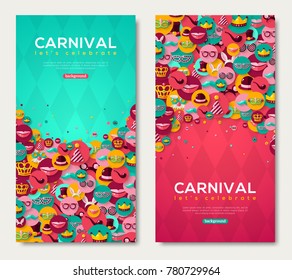 Carnival Vertical Banners Set With Flat Icons in Circles on Pink and Blue Textured Backdrop. Vector illustration. Masquerade Ball Concept. Poster, flyer or invitation design, Funfair funny tickets.